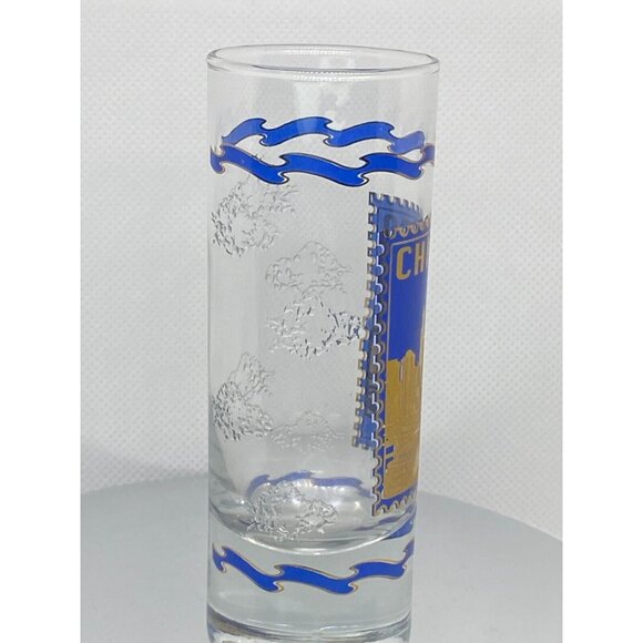 Vintage Tall Chicago Blue And Gold Shot Glass w/ embossed raised pattern clouds - Picture 2 of 3